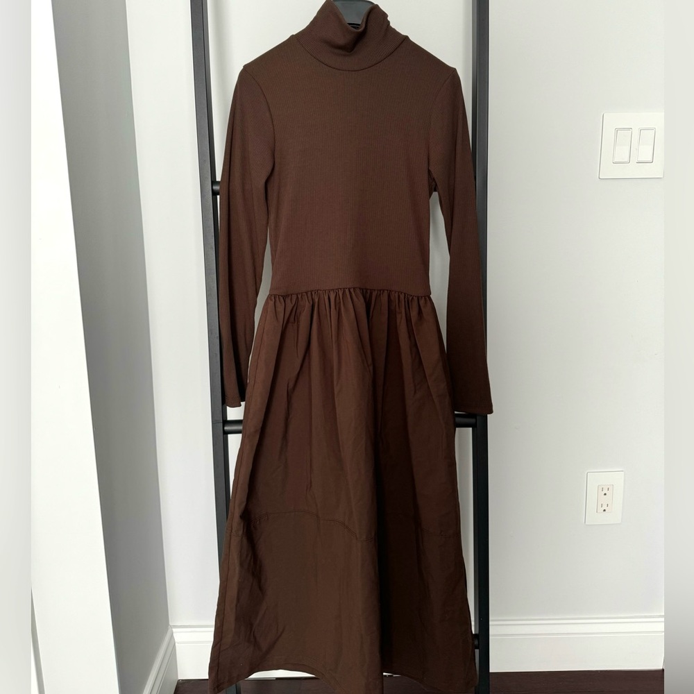 Zara Brown Midi Dress with Turtleneck Long Sleeves SMALL